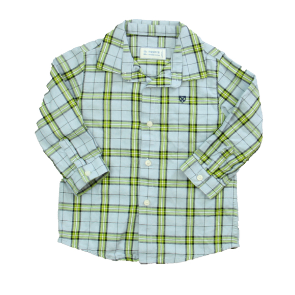 Mayoral Boys Blue | Green Plaid Button Down Long Sleeve size: 12 Months - Picture 2 of 2